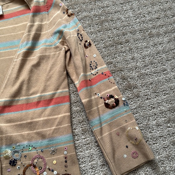 Moth Beaded Striped Cardigan Tan Button Front XS - Picture 5 of 7